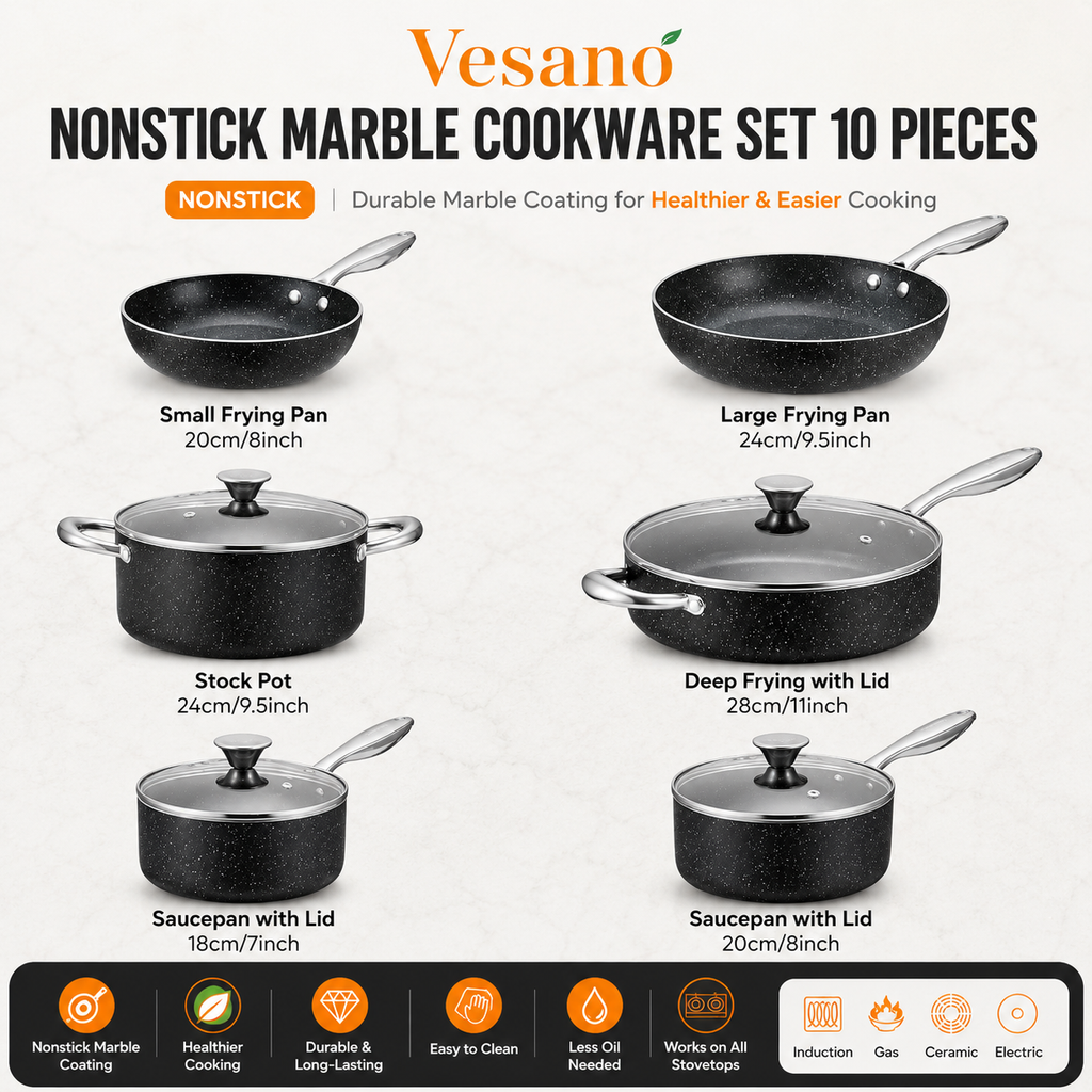Vesano 10-Piece Nonstick Cookware Set – Induction Compatible