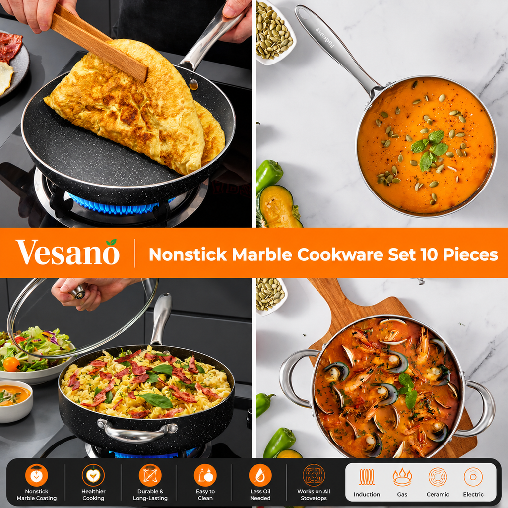 Vesano 10-Piece Nonstick Cookware Set – Induction Compatible